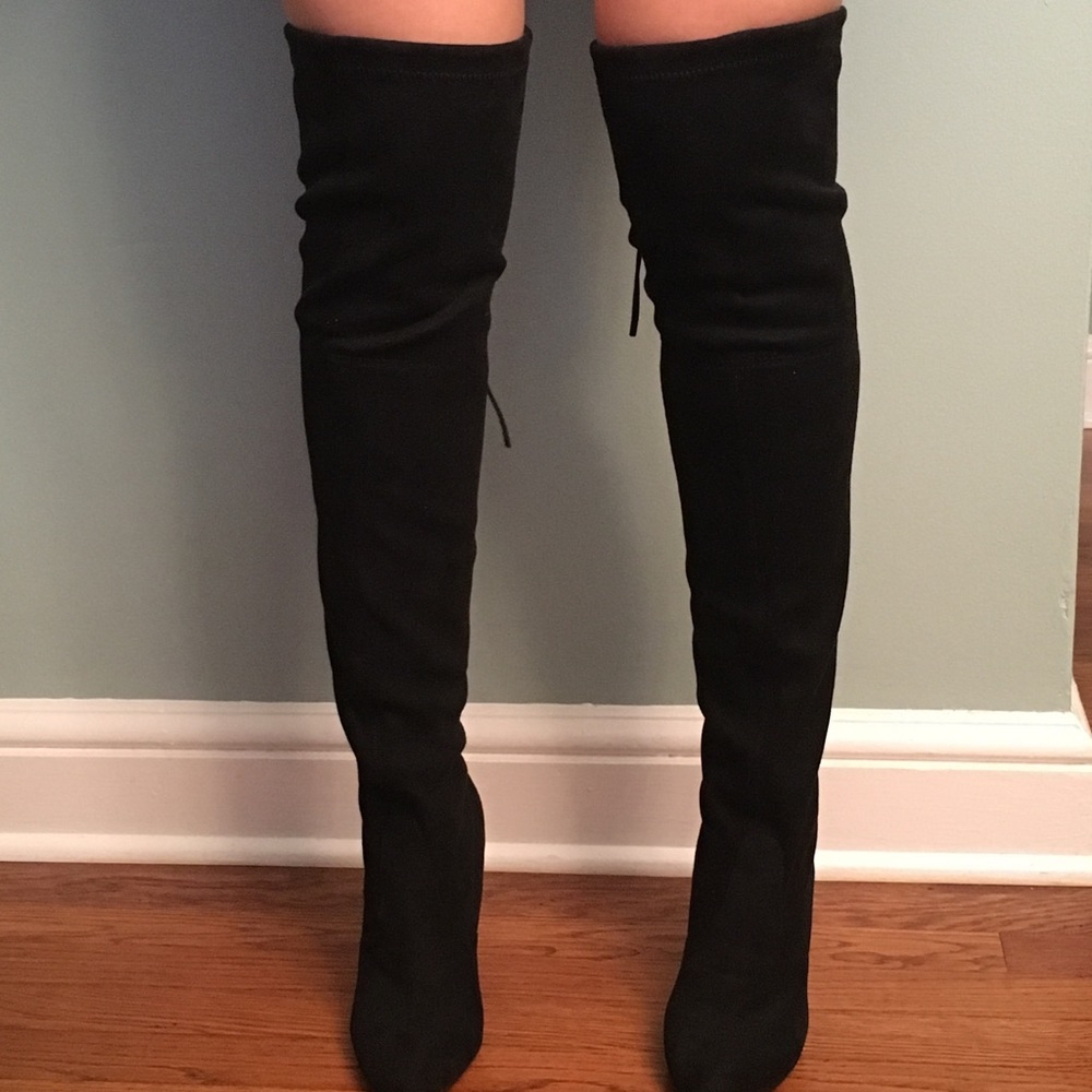 Over the knee black suede heeled boots