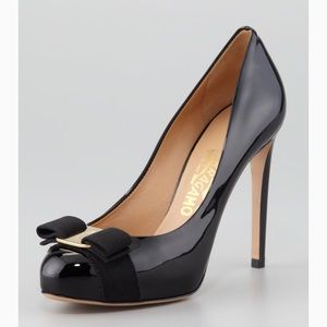 Ferragamo Rilly Vera Bow black patent pump heels