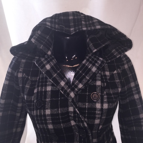 Jou Jou Plaid Hooded Double Breasted Wool Blend - Picture 3 of 6