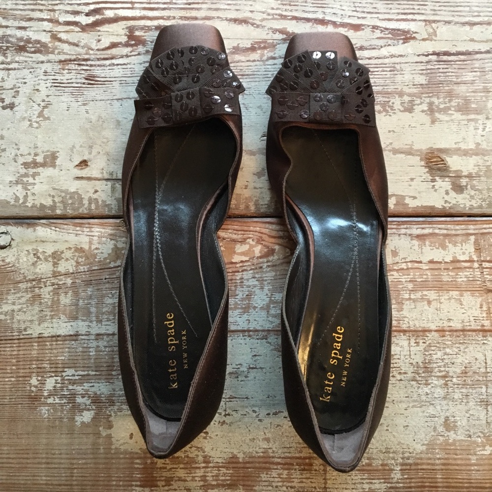 Kate Spade chocolate brown satin square toe pumps