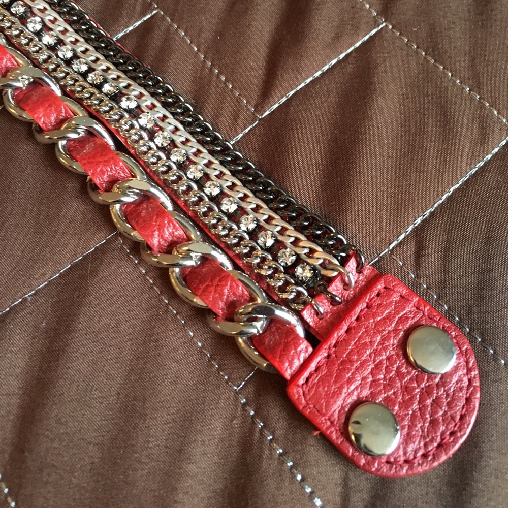 Red Leather Chain Bracelet Cuff Punk Edgy