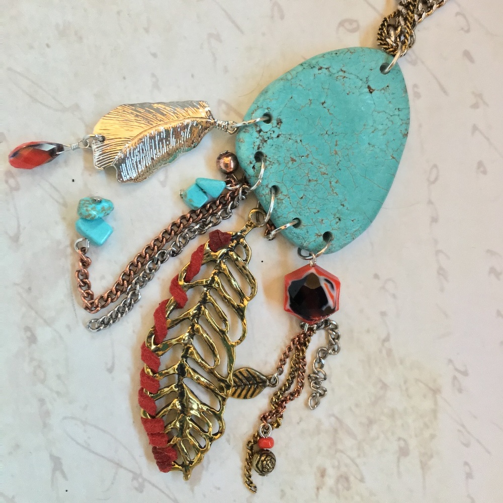 Turquoise Pendant, Feather Charm Long Necklace