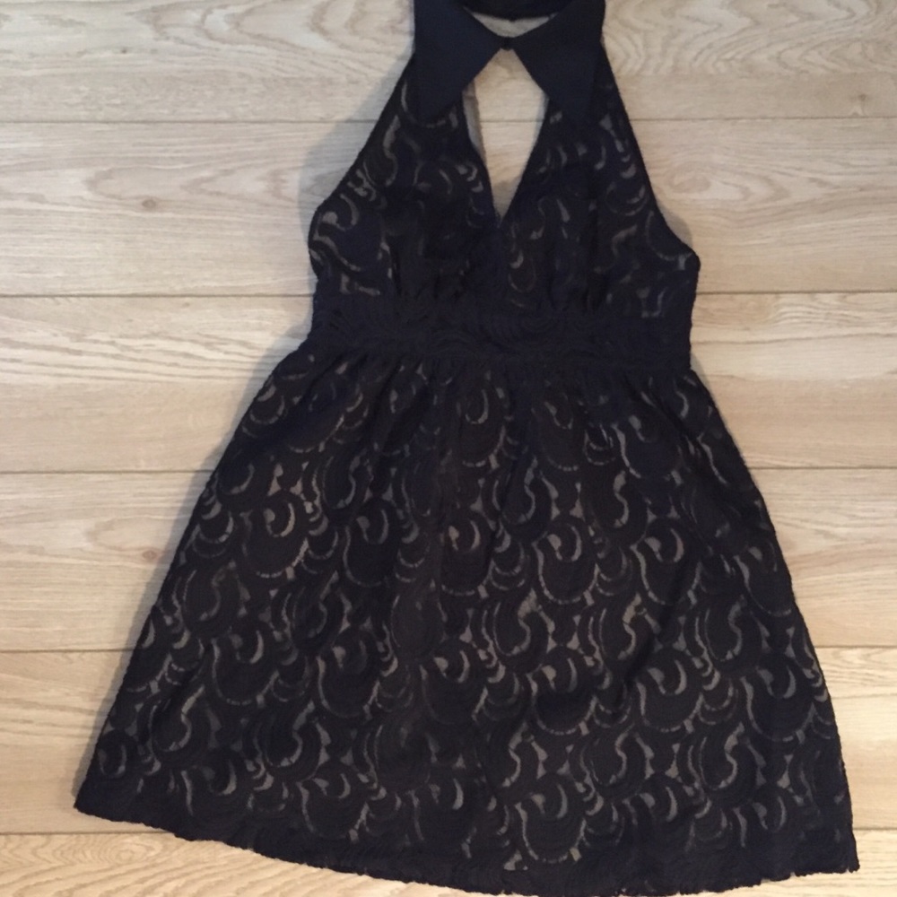 Lace High Collar Black and Gold Empire Dress