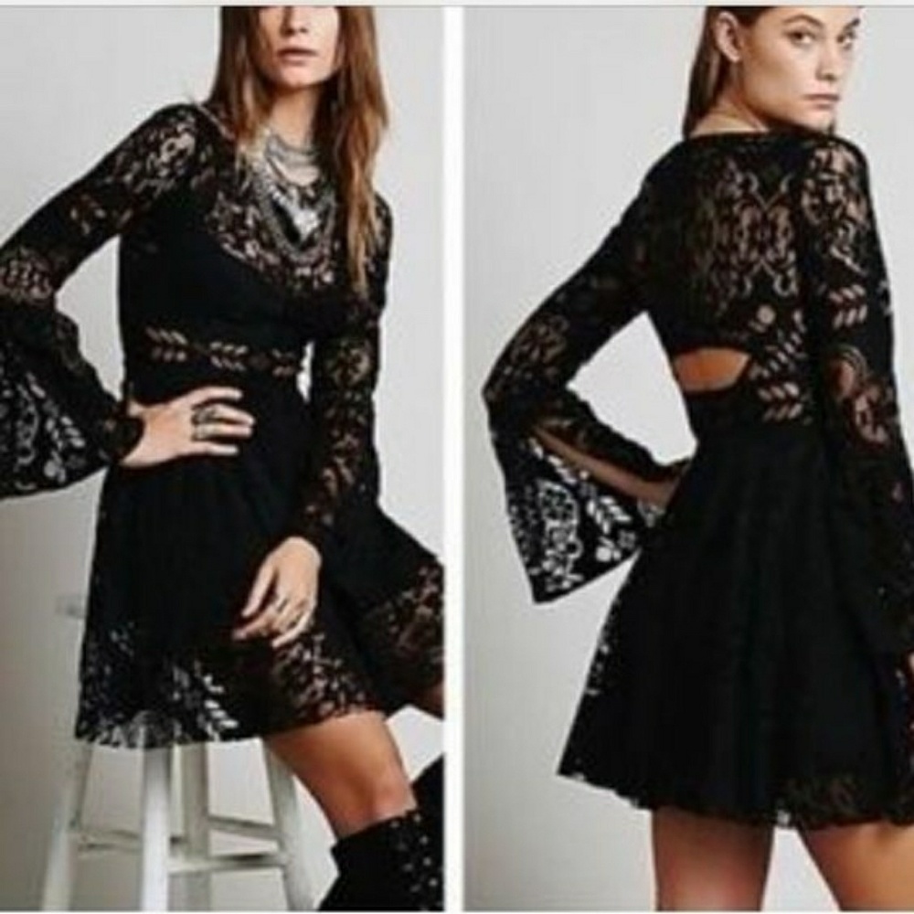 Free People Lace Bell Sleeve Mini Dress