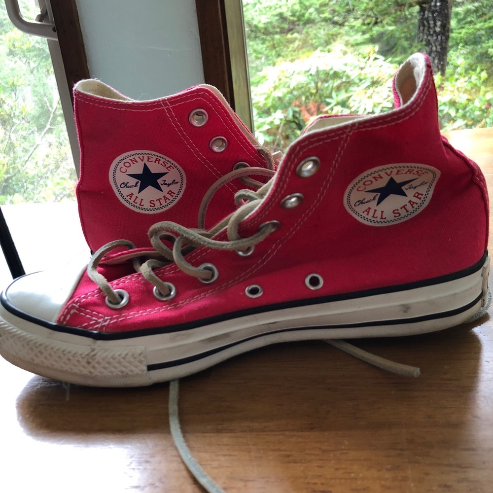 Pink high top converse with leather laces size 7