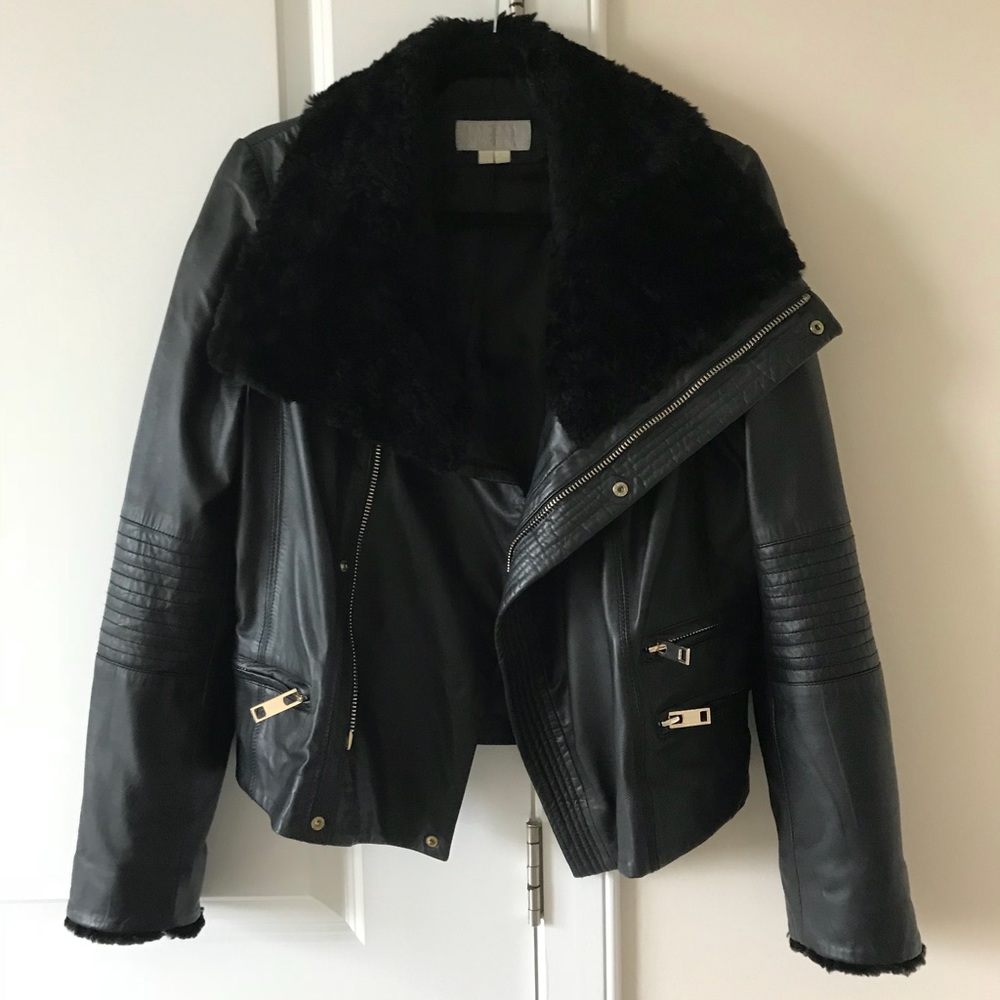 Badgley Mischka Black Leather and Shearling Jacket
