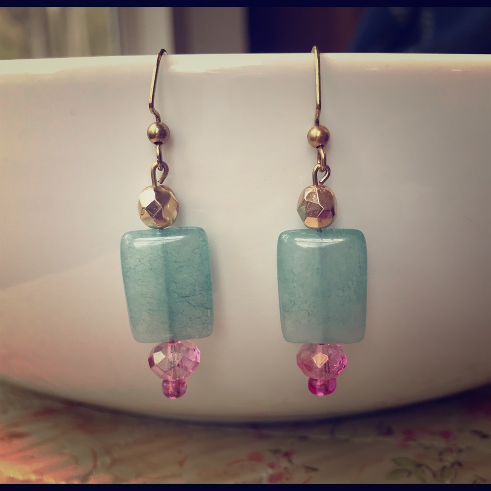 Blue pink gold rectangular earrings glass dangle