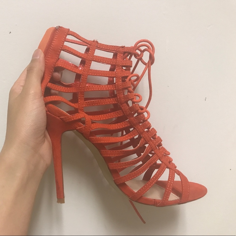 Orange Lace-Up Strappy Heels