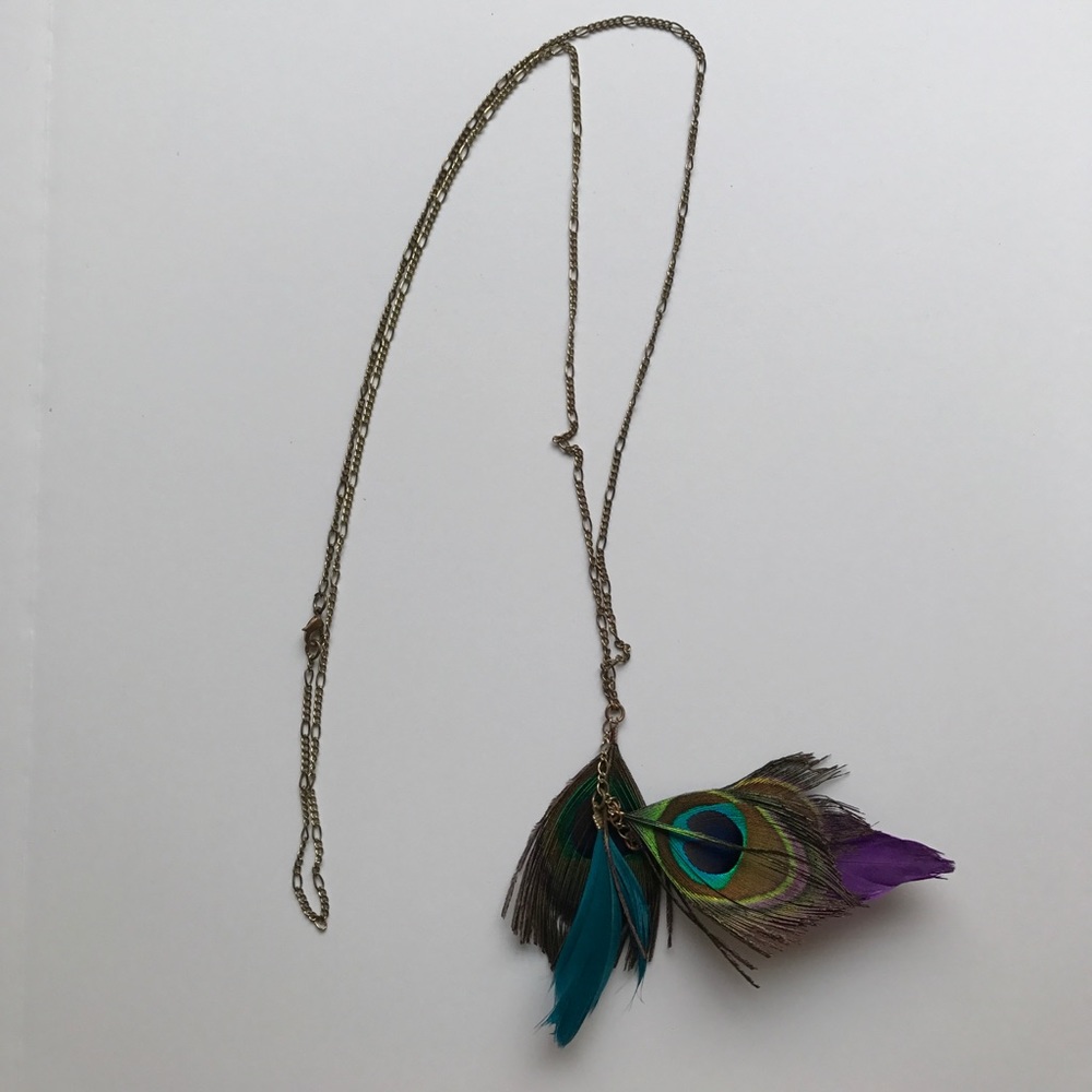 Boho necklace with peacock feathers 20.5" long