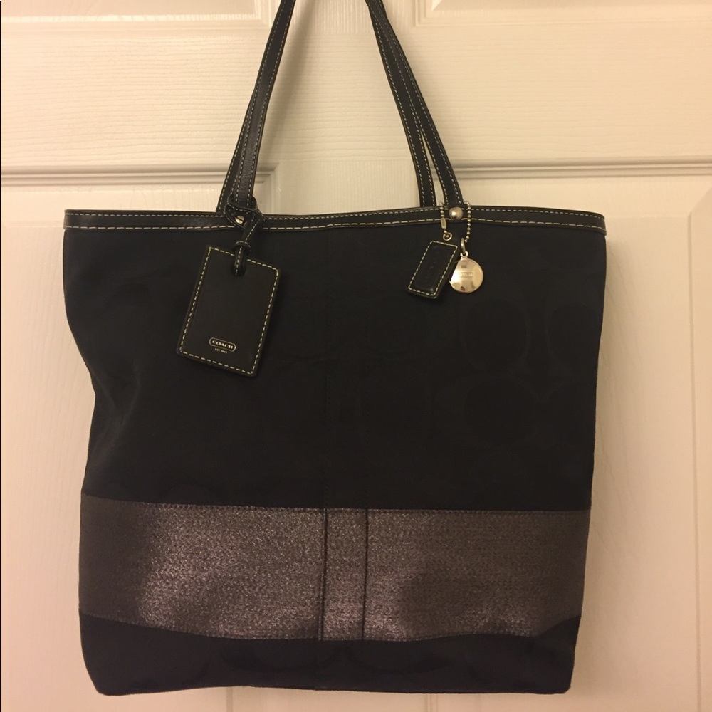 Coach Signature metallic stripe tote