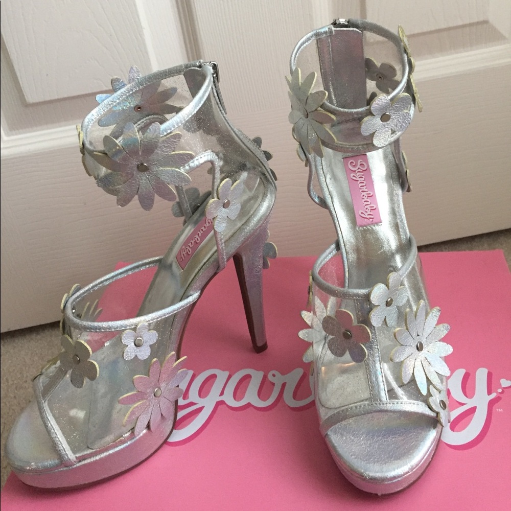 Silver Sparkly Flower High Heels Size 6