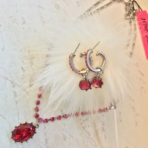 Betsey Johnson Fuchsia Oval Gem Necklace & Ear Set