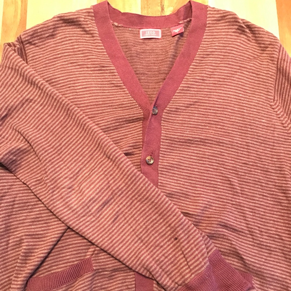 Men's L Izod maroon cardigan striped sweater.