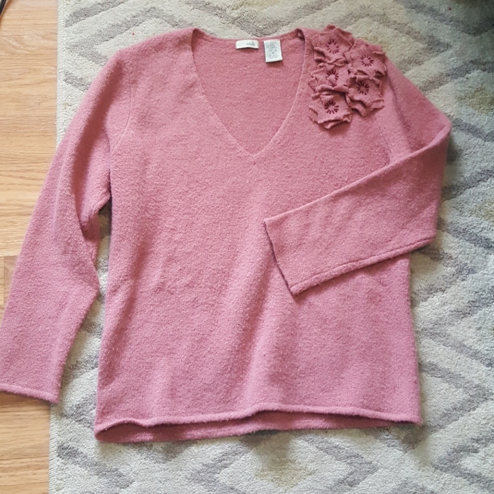 Anthropologie Odille Pink Floral Applique Sweater