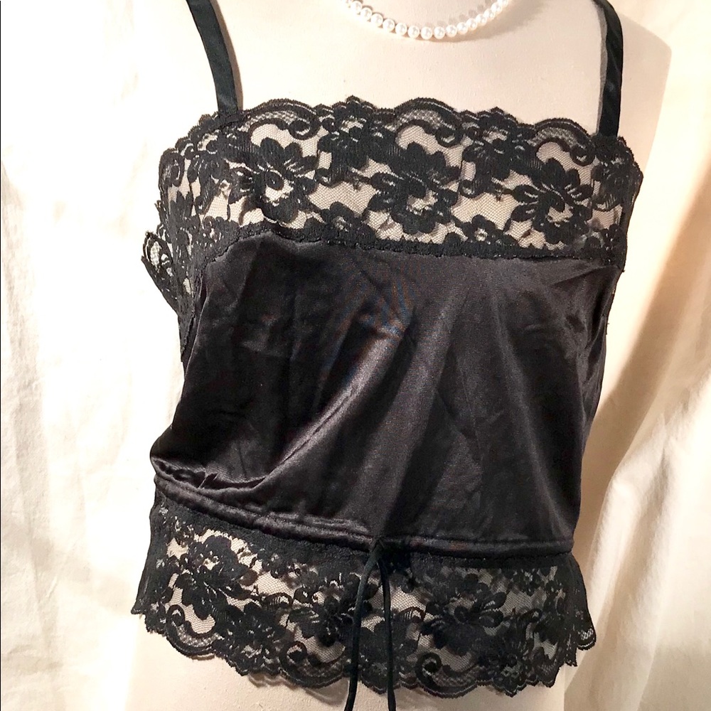 Vintage Black nylon with lace camisole, medium
