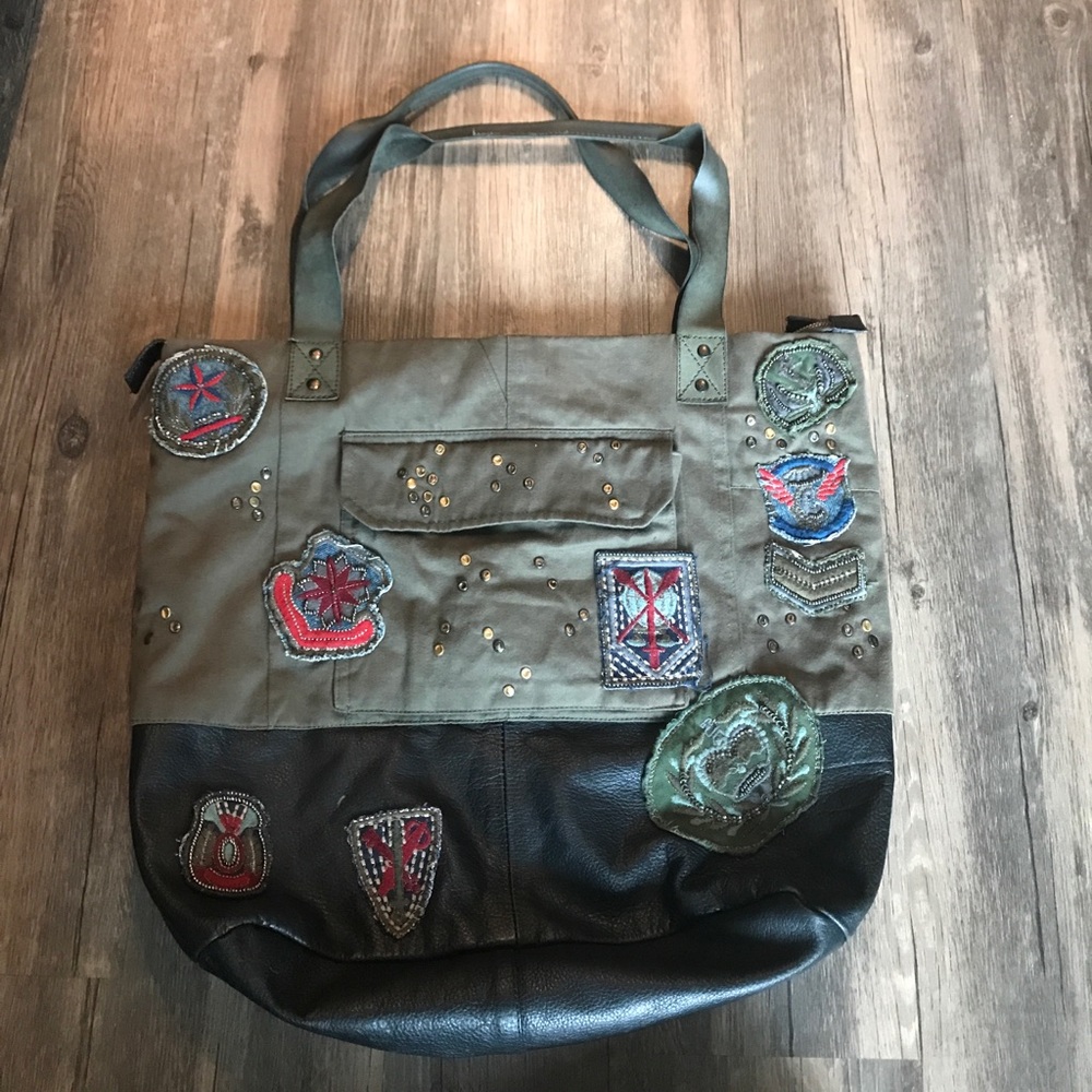 Free People military leather and cloth beaded bag