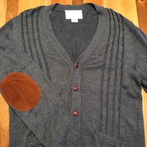 Men's L La Dascias navy cardigan with elbow pads.