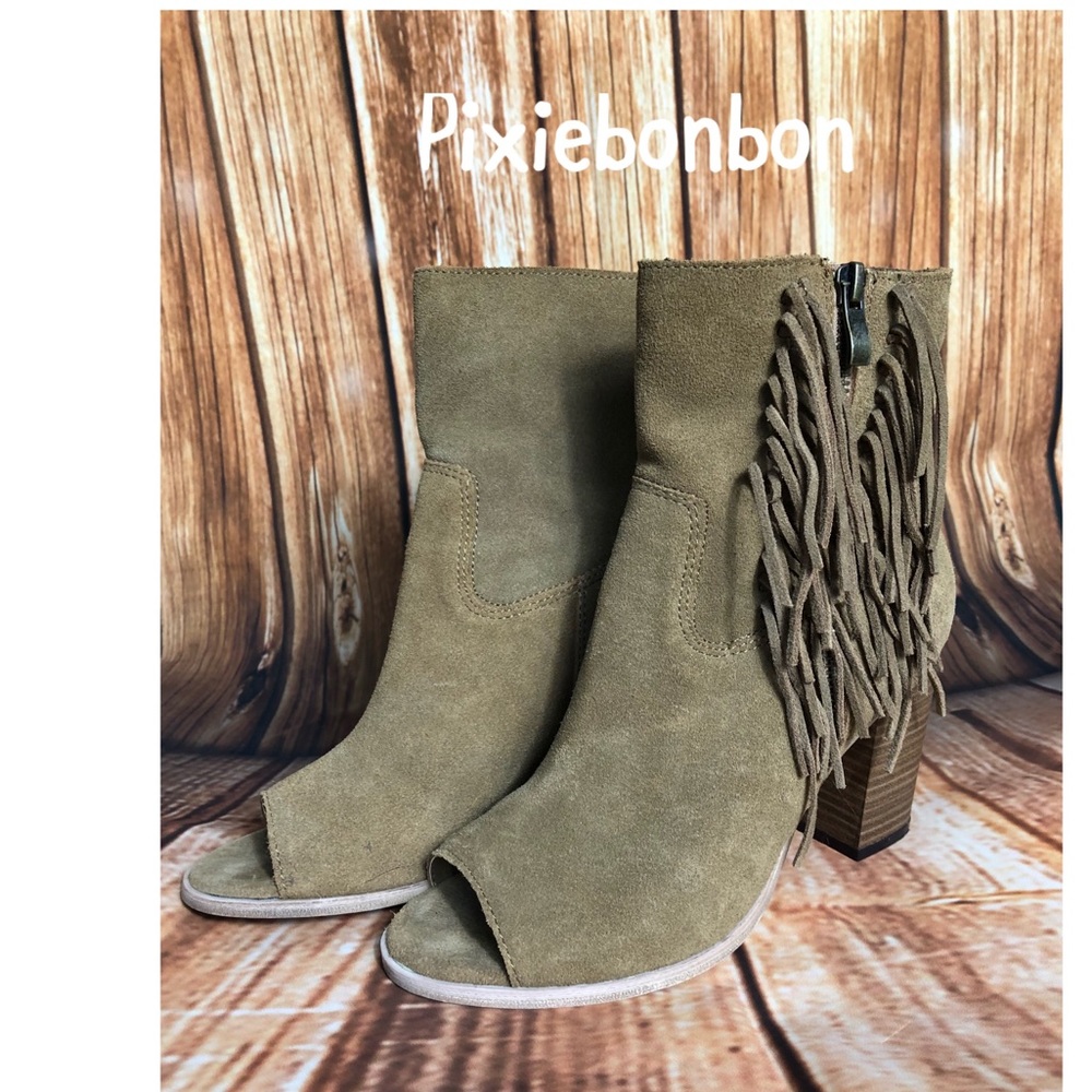 MIA “Coty” suede fringe open toe booties