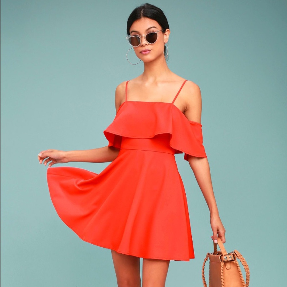 Coral off the shoulder skater dress from Lulus’s
