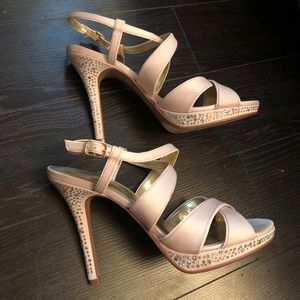 NUDE STRAPPY OPEN TOE HEELS RHINESTONES SIZE 8.5
