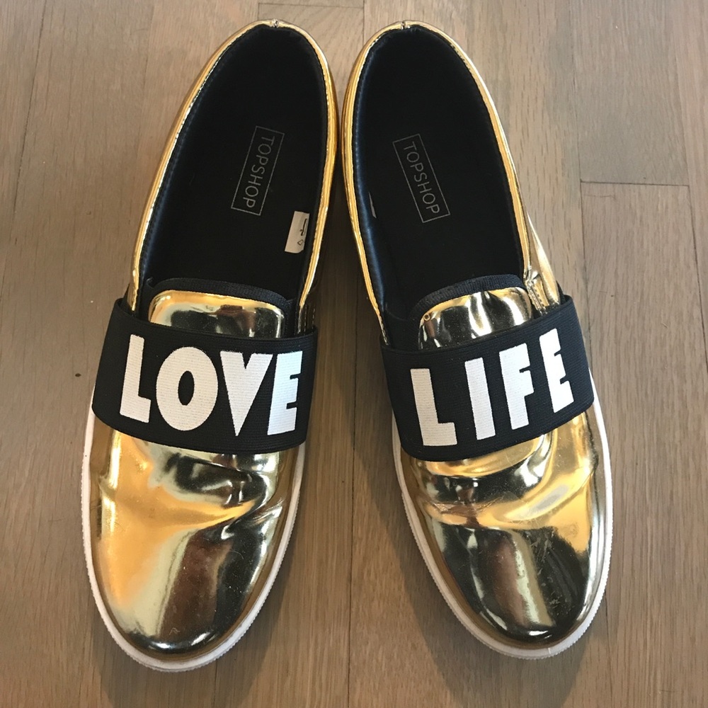 Topshop Gold “Love” “Life” Slip On Sneakers