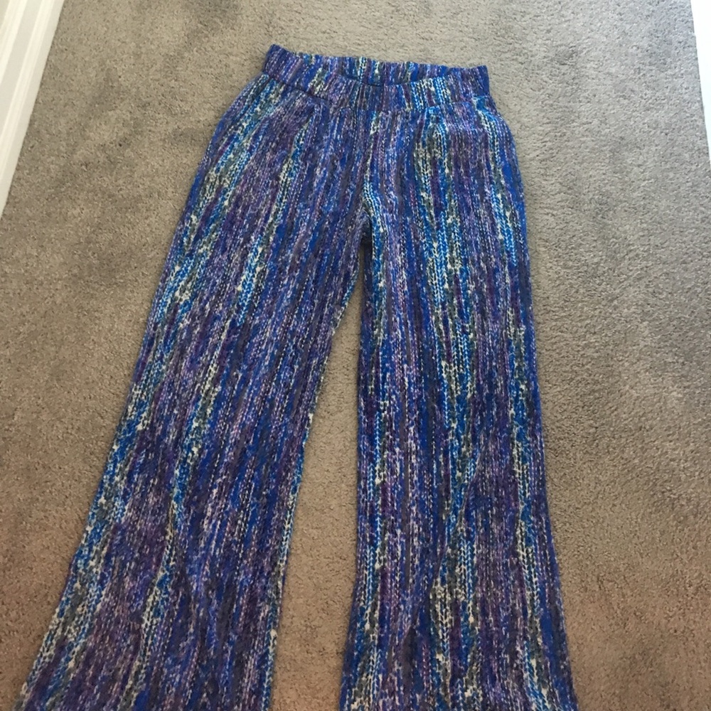 Aqua blue and purple pants