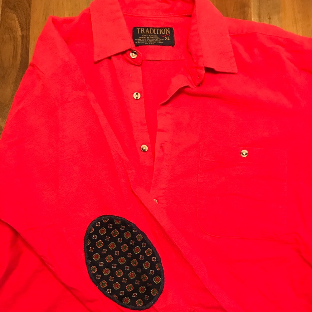 Men's XL red flannel with custom elbow pads.