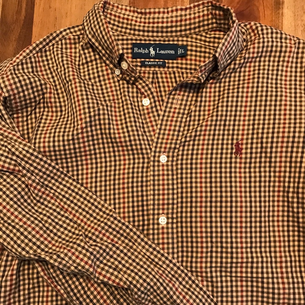 Men's L Polo Ralph Lauren tan plaid shirt.