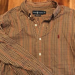 Men's L Polo Ralph Lauren tan plaid shirt.