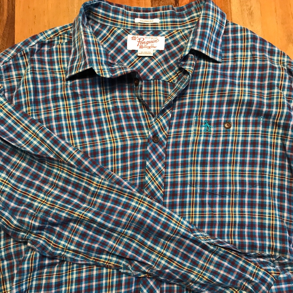Men's XL Penguin blue plaid shirt.