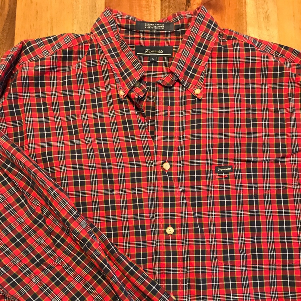 Men's L Faconnable red plaid dress shirt.