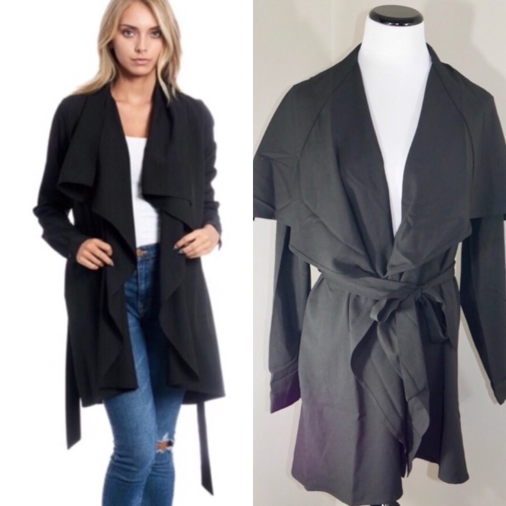 Trench Coat Waterfall Tie Waist Winter Jacket Open - Picture 2 of 8