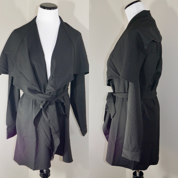Trench Coat Waterfall Tie Waist Winter Jacket Open - Picture 3 of 8