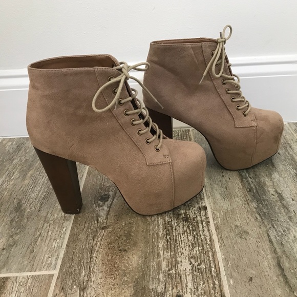 FOR SALE! Faux-suede platform lace booties - TAUPE - Picture 2 of 4