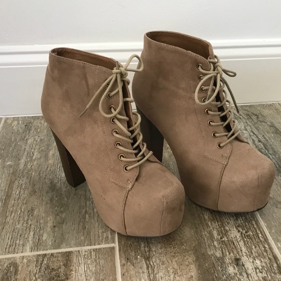 FOR SALE! Faux-suede platform lace booties - TAUPE - Picture 3 of 4