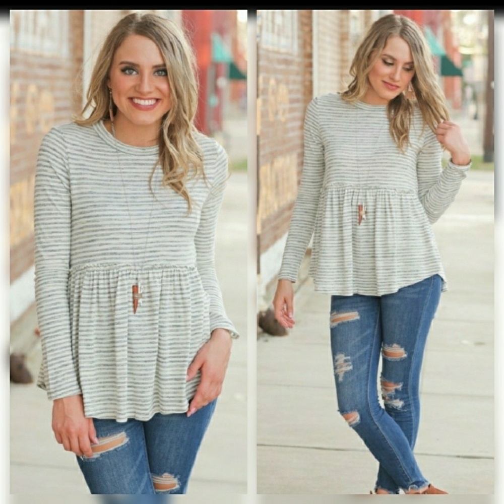 Gray & White Striped Ruffled Hem Top