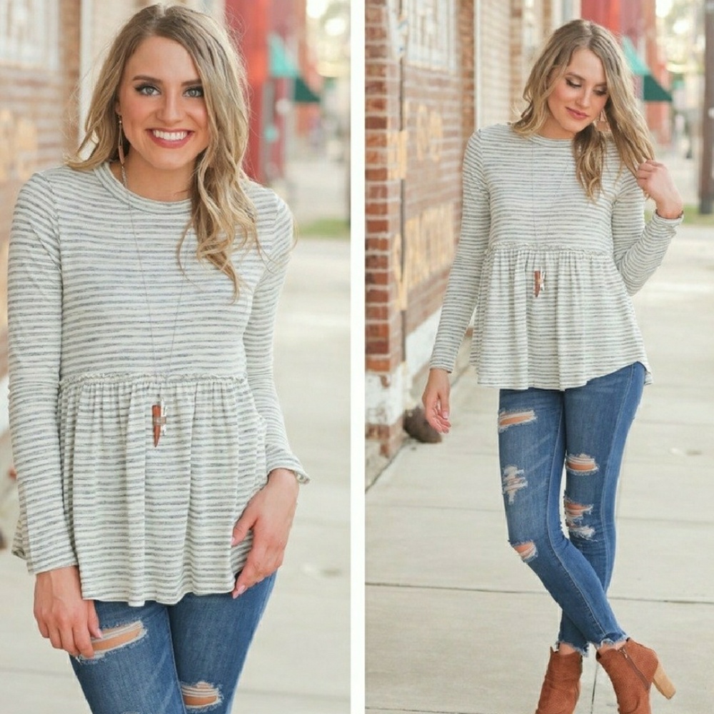 Gray & White Striped Ruffled Hem Top - Picture 2 of 3