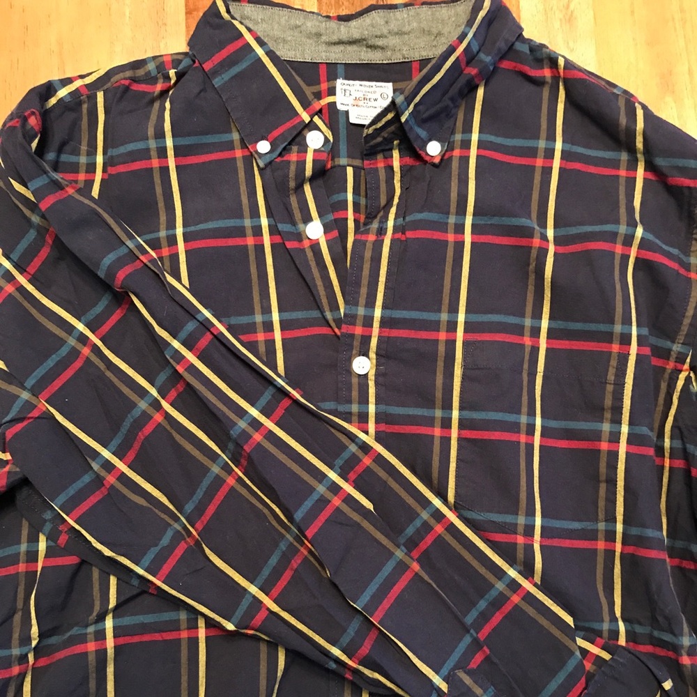 Men's L J Crew navy plaid shirt.