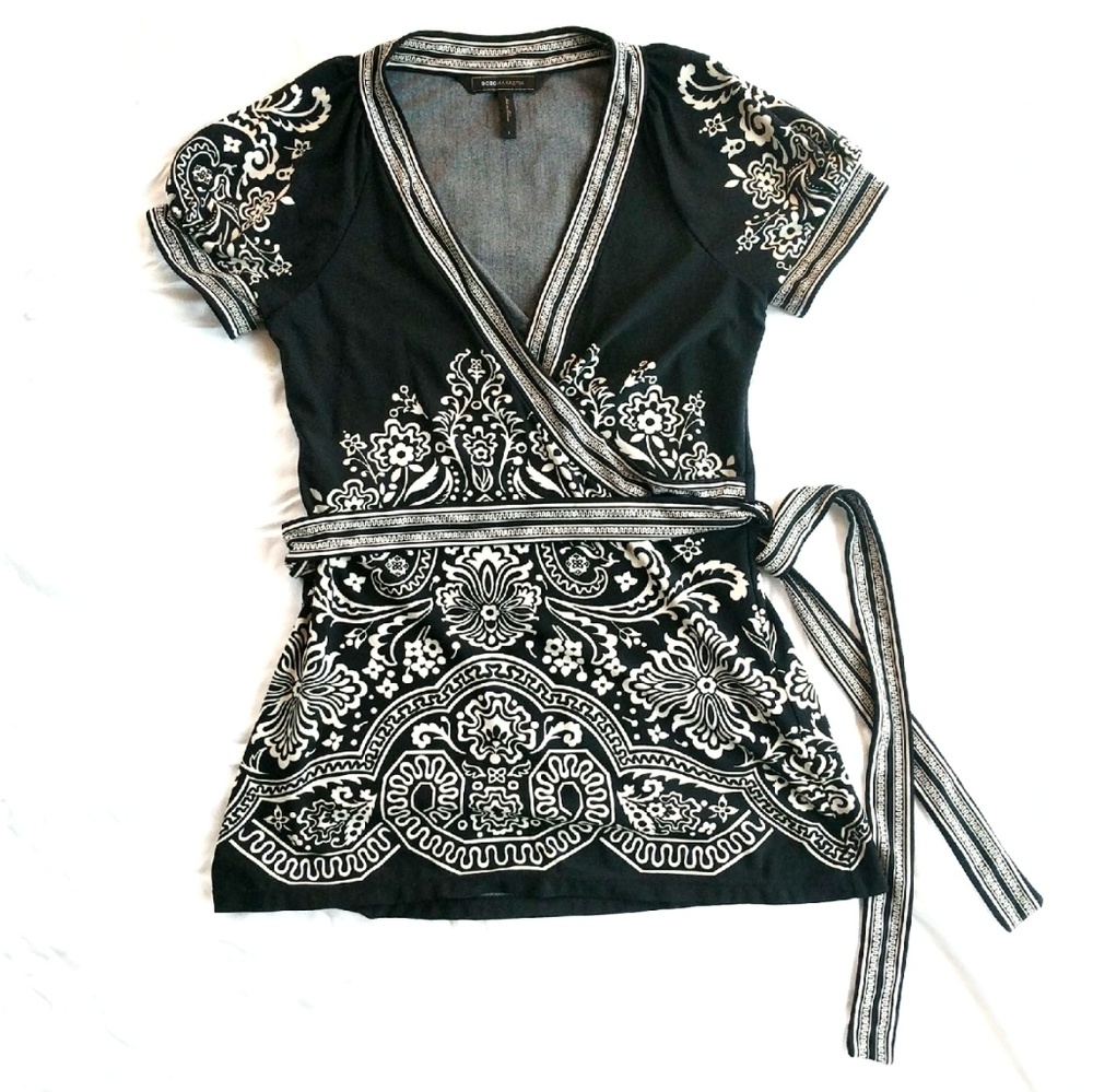 BCBG Maxazria Black and Creme Wrap Blouse