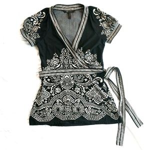 BCBG Maxazria Black and Creme Wrap Blouse
