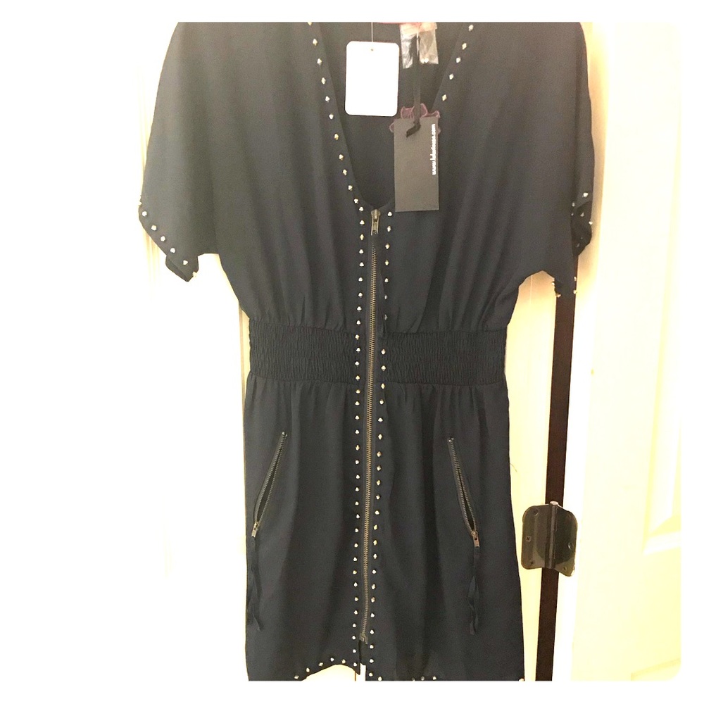 Navy studded mini dress with a tapered waist