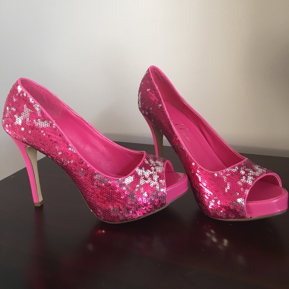 Pink and silver sequin heels