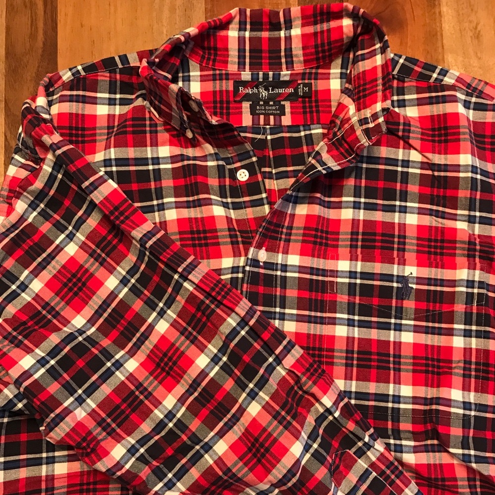 Men's M Polo Ralph Lauren red w/ blue plaid shirt.