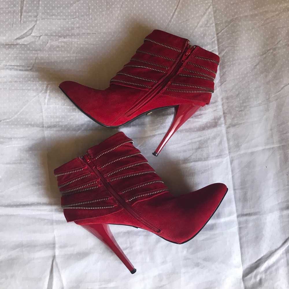 Cr. Luxe Red Suede Zipper Ankle Boots