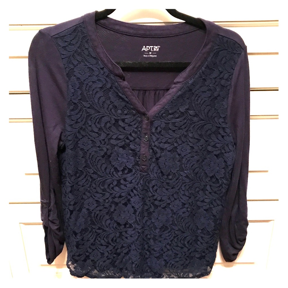 Navy lace-front three quarter length top