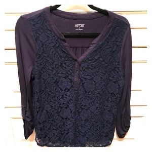 Navy lace-front three quarter length top