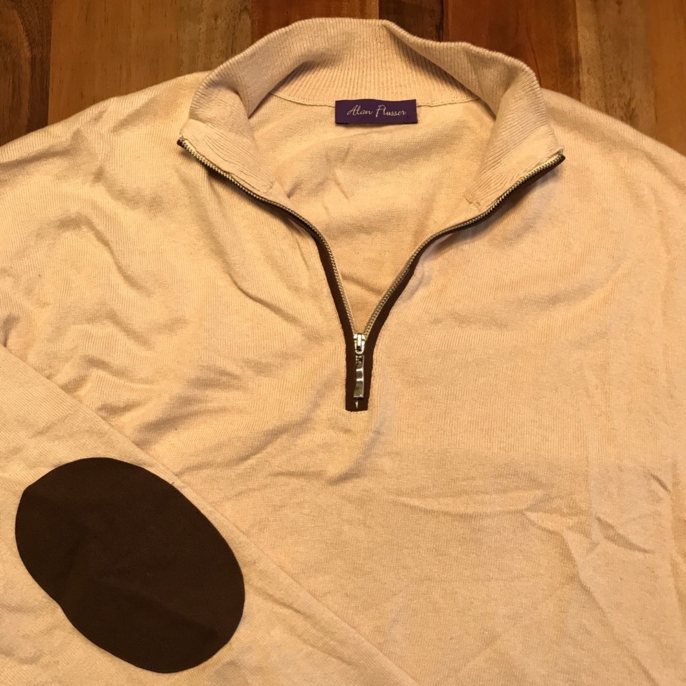 Men's L Alan Flusser tan sweater with elbow pads.