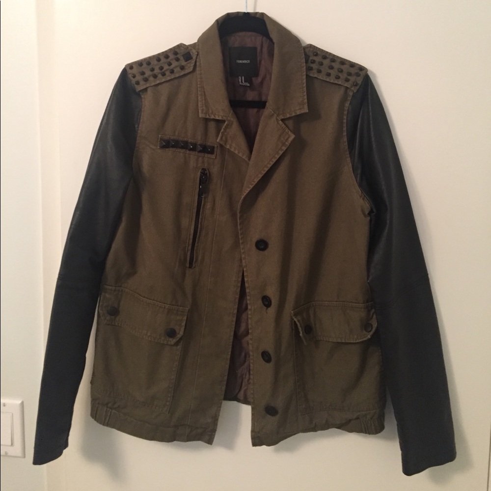 Studded Army x Faux Leather Jacket