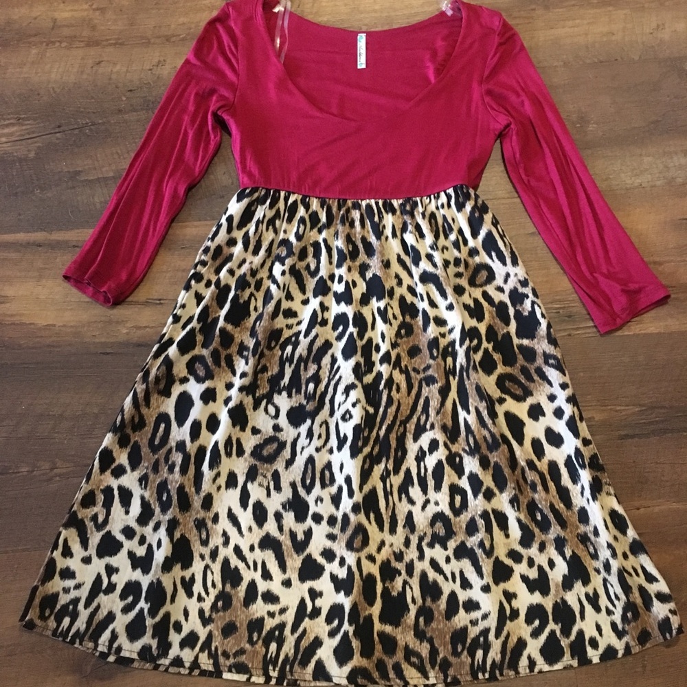 SOLD Burgundy and leopard dress, small
