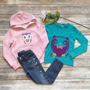 Blue Jeans with Sparkles and Two Owl Shirts.